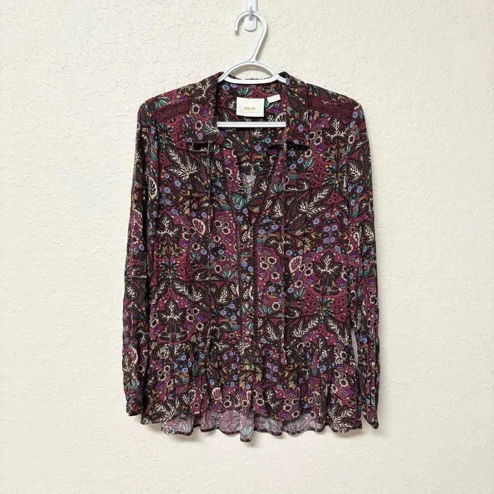 Maeve Anthropologie Burgundy Multicolor Floral Ruffle Hem Blouse Oversized Sz 2